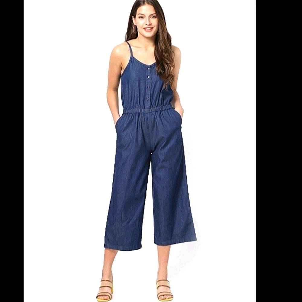 Washed denim culotte button down jumpsuit small